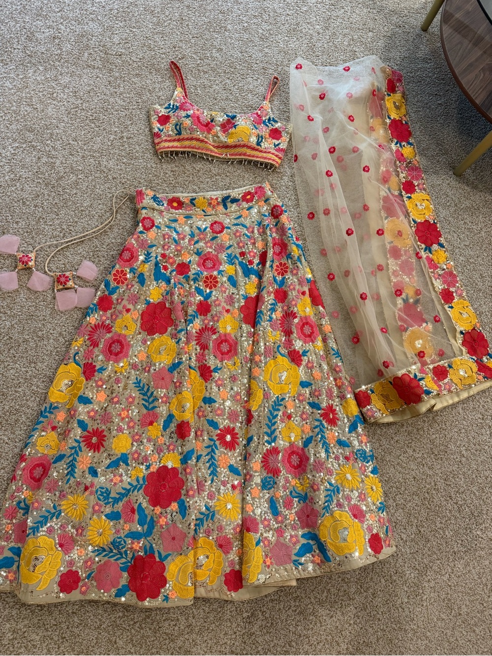 Floral Embroidered Lehenga Choli Set in Pink, Yellow & Green